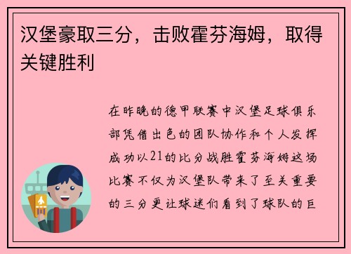 汉堡豪取三分，击败霍芬海姆，取得关键胜利