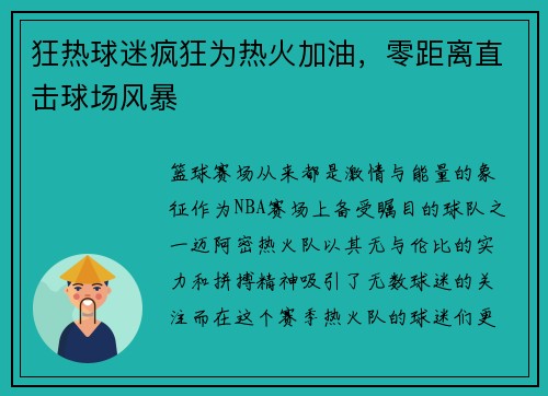 狂热球迷疯狂为热火加油，零距离直击球场风暴