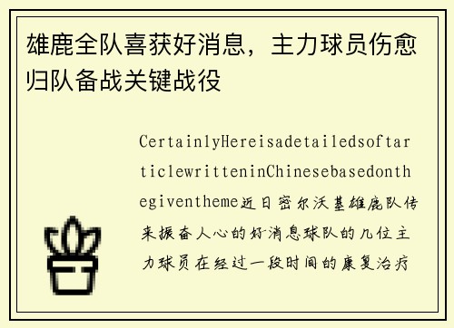 雄鹿全队喜获好消息，主力球员伤愈归队备战关键战役